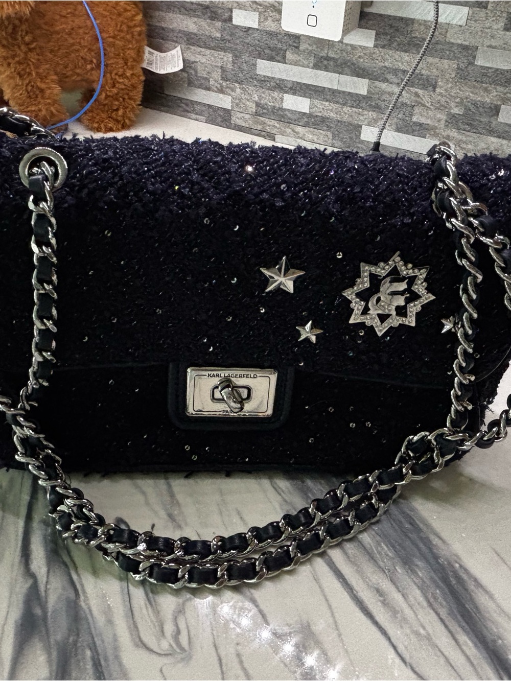 Karl Lagerfeld Black Tweed Shoulder Bag with Silver Star Accents